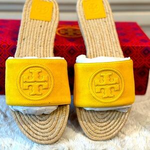 Tory Burch Benton Open Toe Espadrille Slide-Kid Suede-   Color Goldfinch